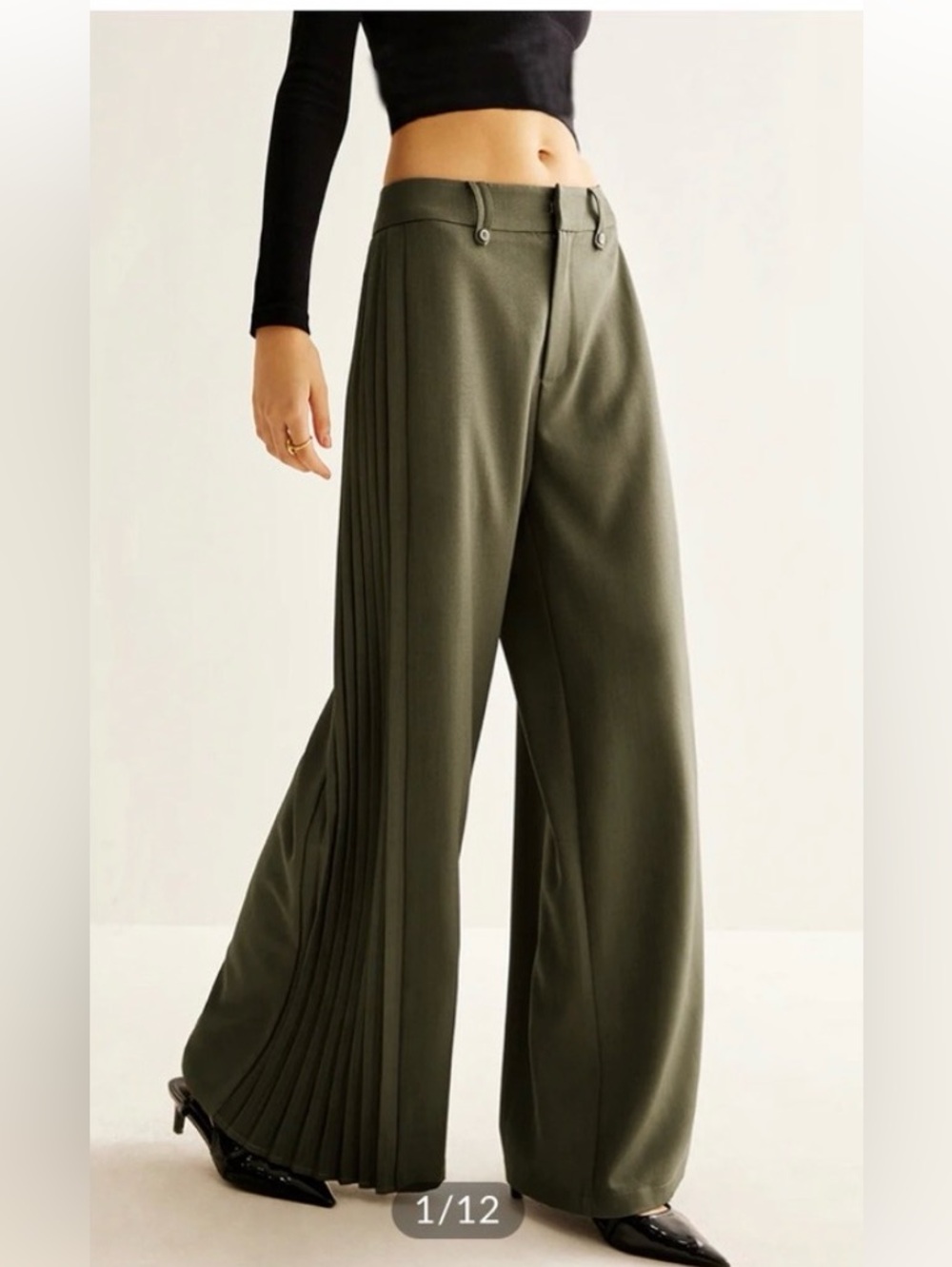 Commense Olive Green Side-pleated wide leg pants- NWT - Picture 2 of 8